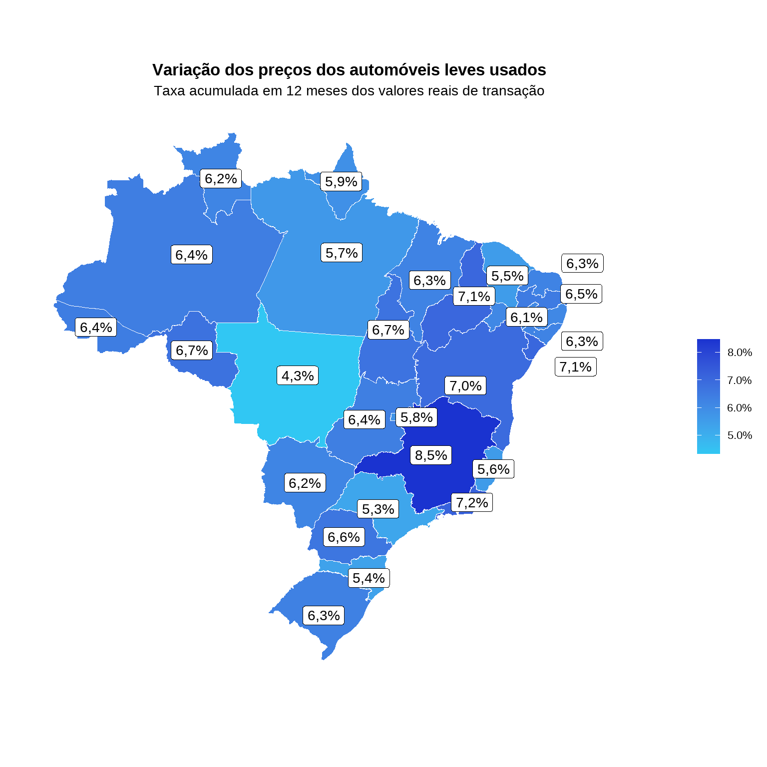 Mapa do Brasil com variação acumulada em 12 meses por estado em junho de 2026 com destaque para MG (+8,48%) e RJ (+7,20%)